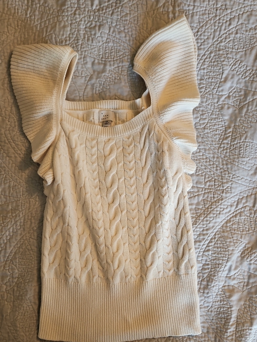 a new day Cream Cable-Knit Off-Shoulder Ruffle-Sleeve Sweater